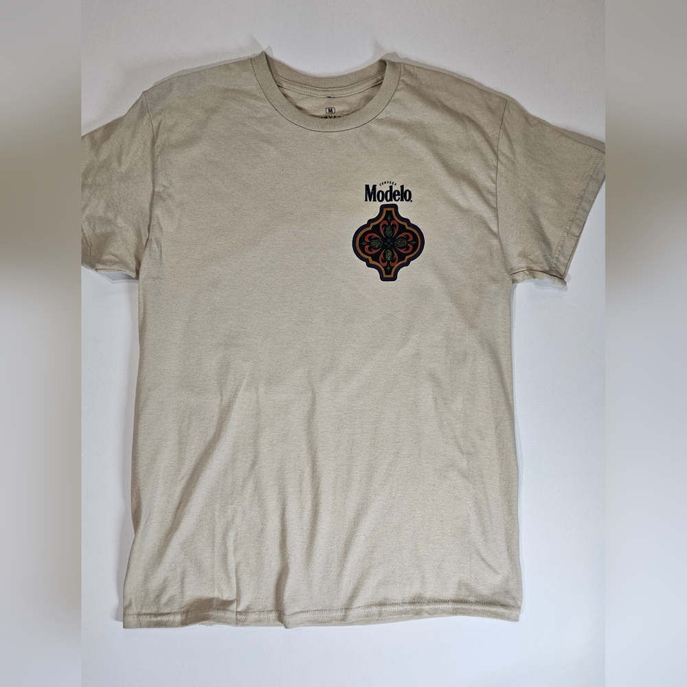 Modelo T-shirt Mens Medium Beige Gold‎ Aztec Graphic Casual Mexican Beer Tee